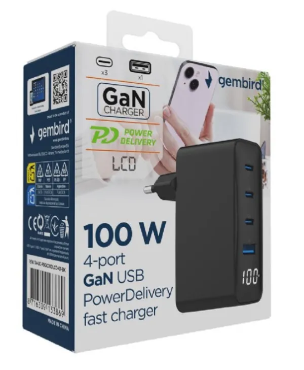 Gembird TA-UC-PDQC100LCD-01-BK Punjač 4-port 100W GaN USB Brzi LCD, Crni