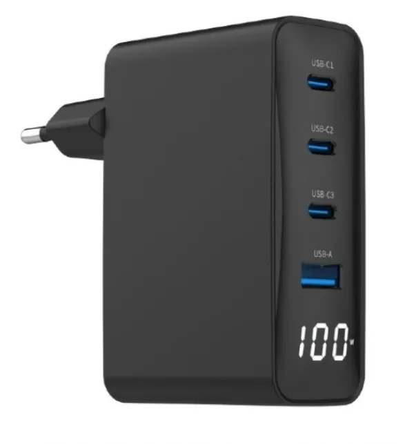 Gembird TA-UC-PDQC100LCD-01-BK Punjač 4-port 100W GaN USB Brzi LCD, Crni