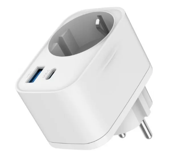 Gembird TA-ACPDQC20-01-W Punjač 20W 2-port USB brzi sa pass-through AC socket-om, Beli