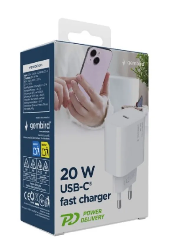 Gembird TA-UC-PD20-01-W Punjač Type-C 20W USB Brzi alt. NPA-AC30, Beli