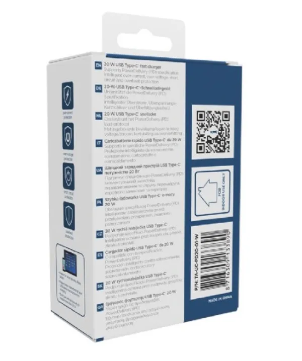 Gembird TA-UC-PD20-01-W Punjač Type-C 20W USB Brzi alt. NPA-AC30, Beli
