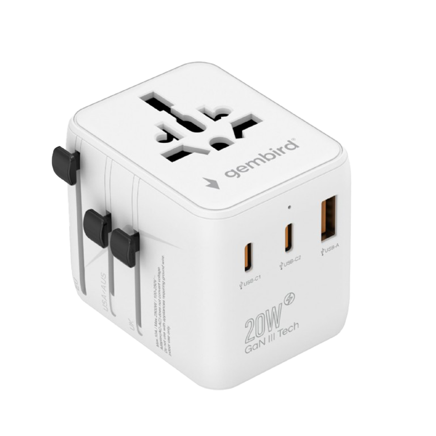 Gembird TPA-1A2C20-01-W univerzalni adapter za napaјanje za sve zemlje USB + Type-C punjač 20W, Beli