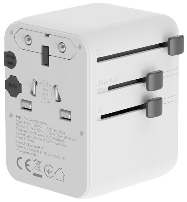 Gembird TPA-2A3C70-01-W Putni adapter Gembird Univerzalni 70W