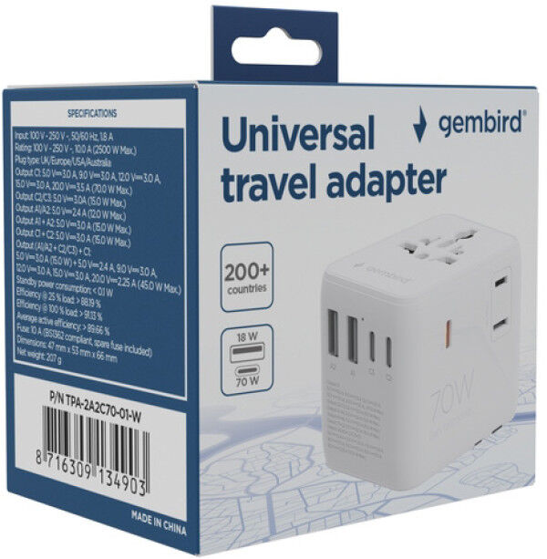 Gembird TPA-2A3C70-01-W Putni adapter Gembird Univerzalni 70W