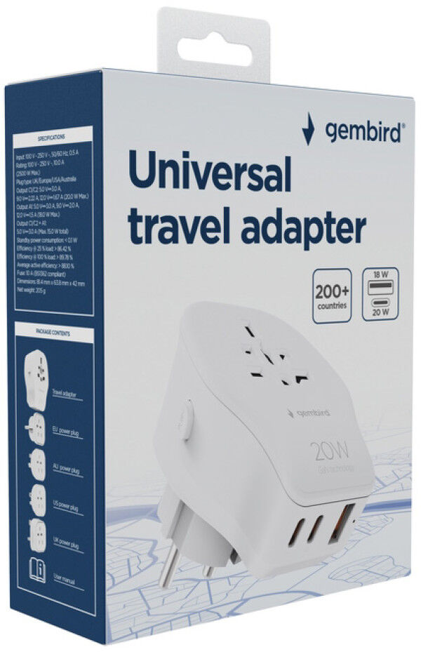 Gembird TPA-1A2C20-02-W Putni adapter Gembird Univerzalni 20W