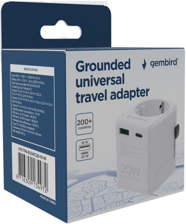 Gembird TPA-EU1A1C20-01-W Putni adapter Gembird Univerzalni sa uzemljenjem 20W