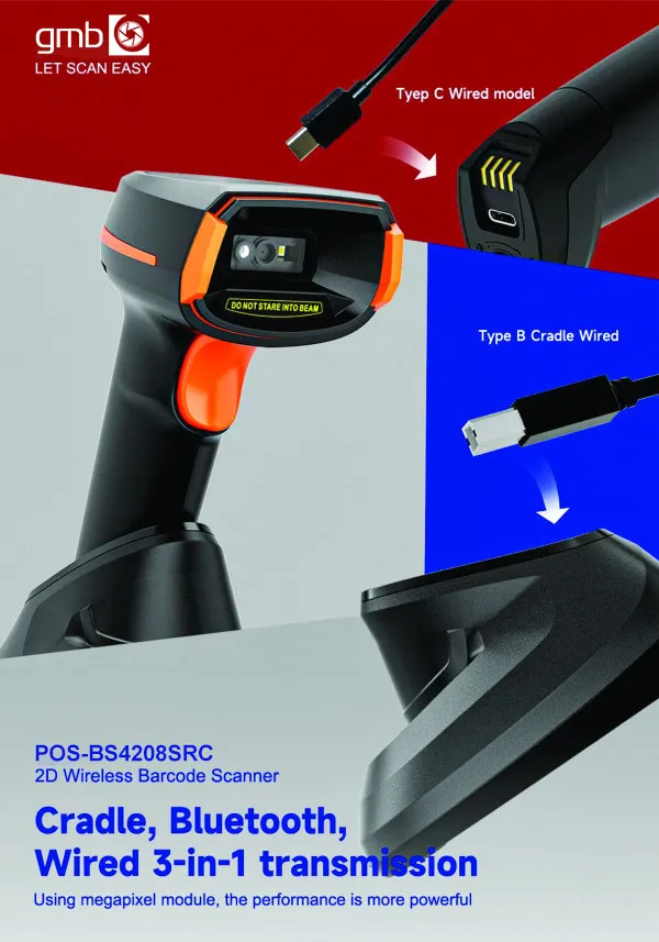 GMB POS-BS4208SRC Bar-kod skener 2D / OCR CMOS 1 MP 2000 mAh Bluetooth / WiFi Postolje