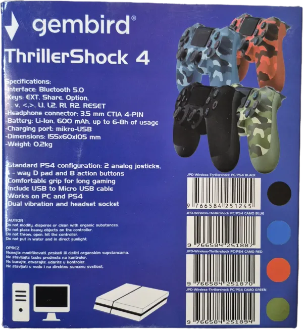 Gembird JPD-Wireless-Thrillershock Džojstik sa dvostrukom vibracijom v2 PC/PS4, Crni