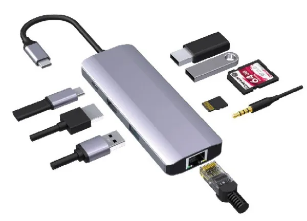 Gembird A-CM-COMBO9-06 Adapter 9 portova RJ45 USB3.0 SD USB-C HDMI USB2.0 3,5mm