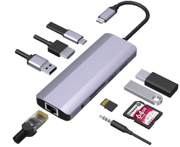 Gembird A-CM-COMBO9-06 Adapter 9 portova RJ45 USB3.0 SD USB-C HDMI USB2.0 3,5mm