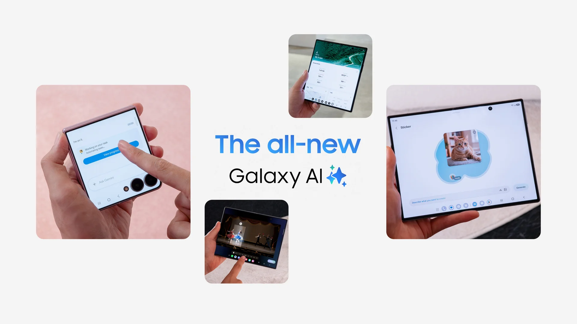 Kolaž sa natpisom „The all-new Galaxy AI“, na kojem sklopivi telefoni Samsung Galaxy Z prikazuju automatizaciju zadataka, pregled podataka i kreiranje sadržaja