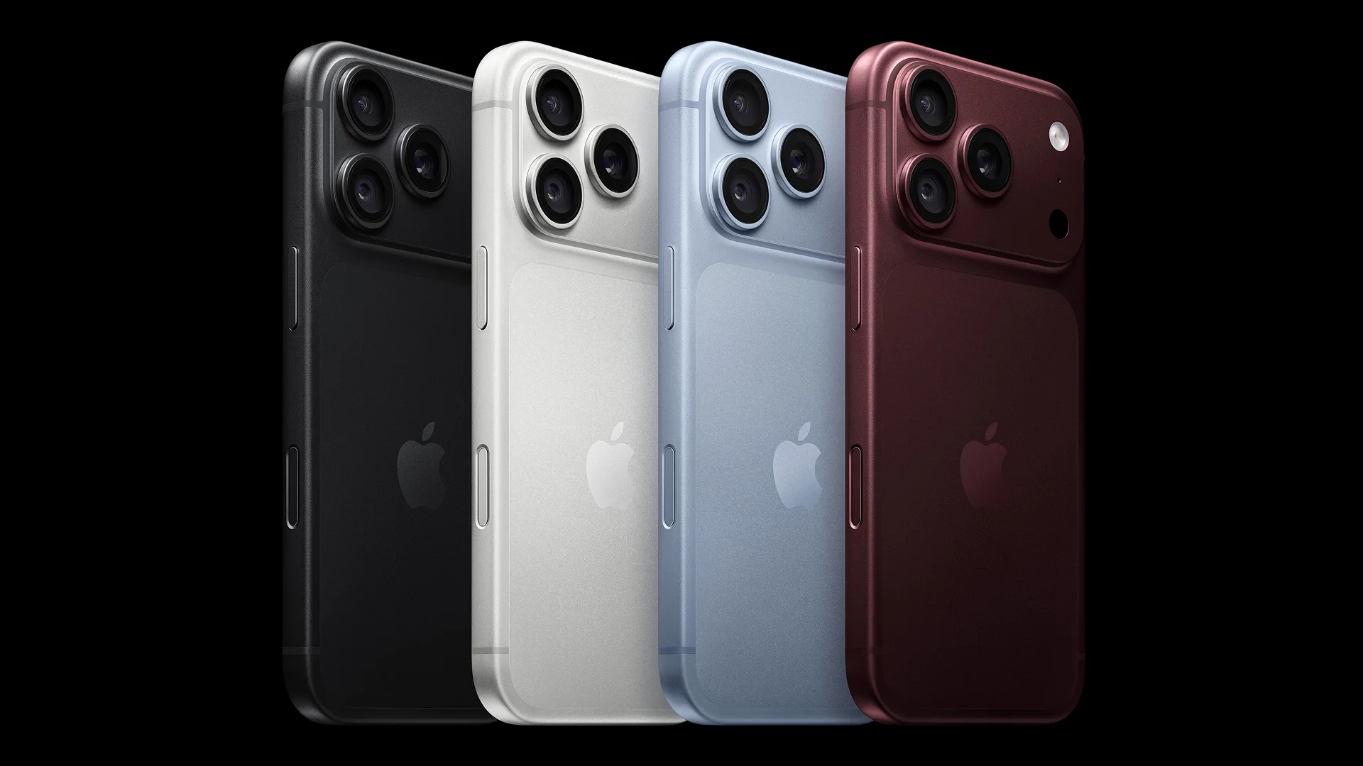 Four iPhone 18 Pro models shown from the rear in black, silver, light blue, and burgundy finishes