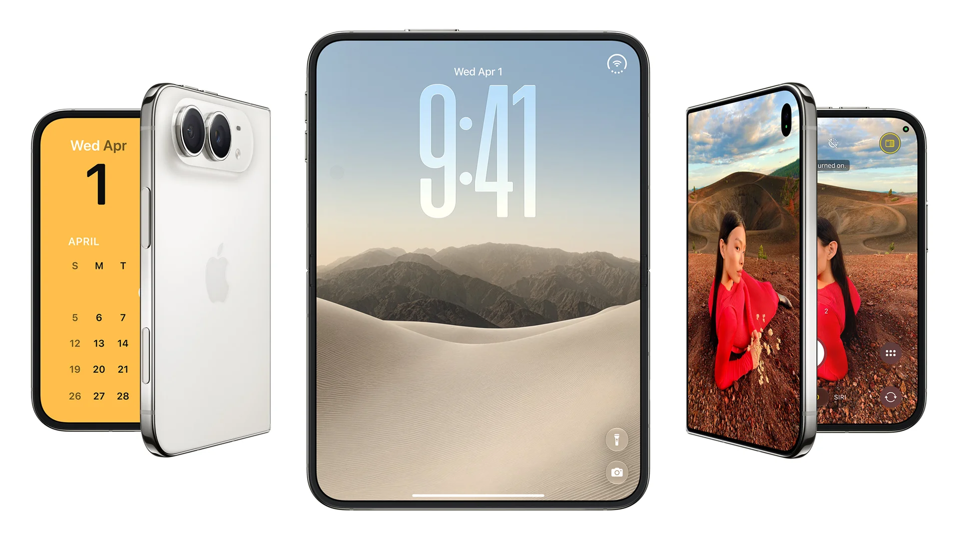 Several iPhone Duo devices shown closed, fully open, and partly folded