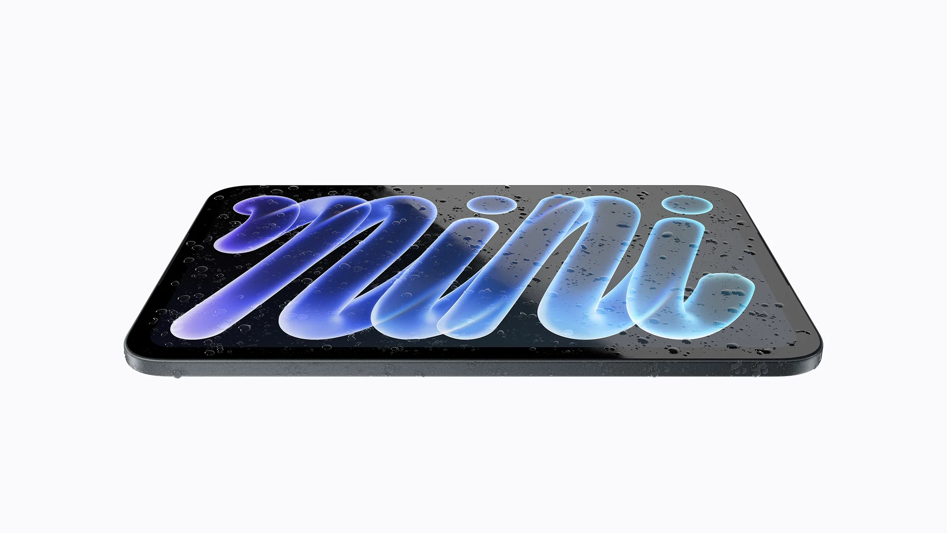 iPad mini prikazan pod uglom, sa natpisom „mini” na ekranu i kapljicama vode na kućištu