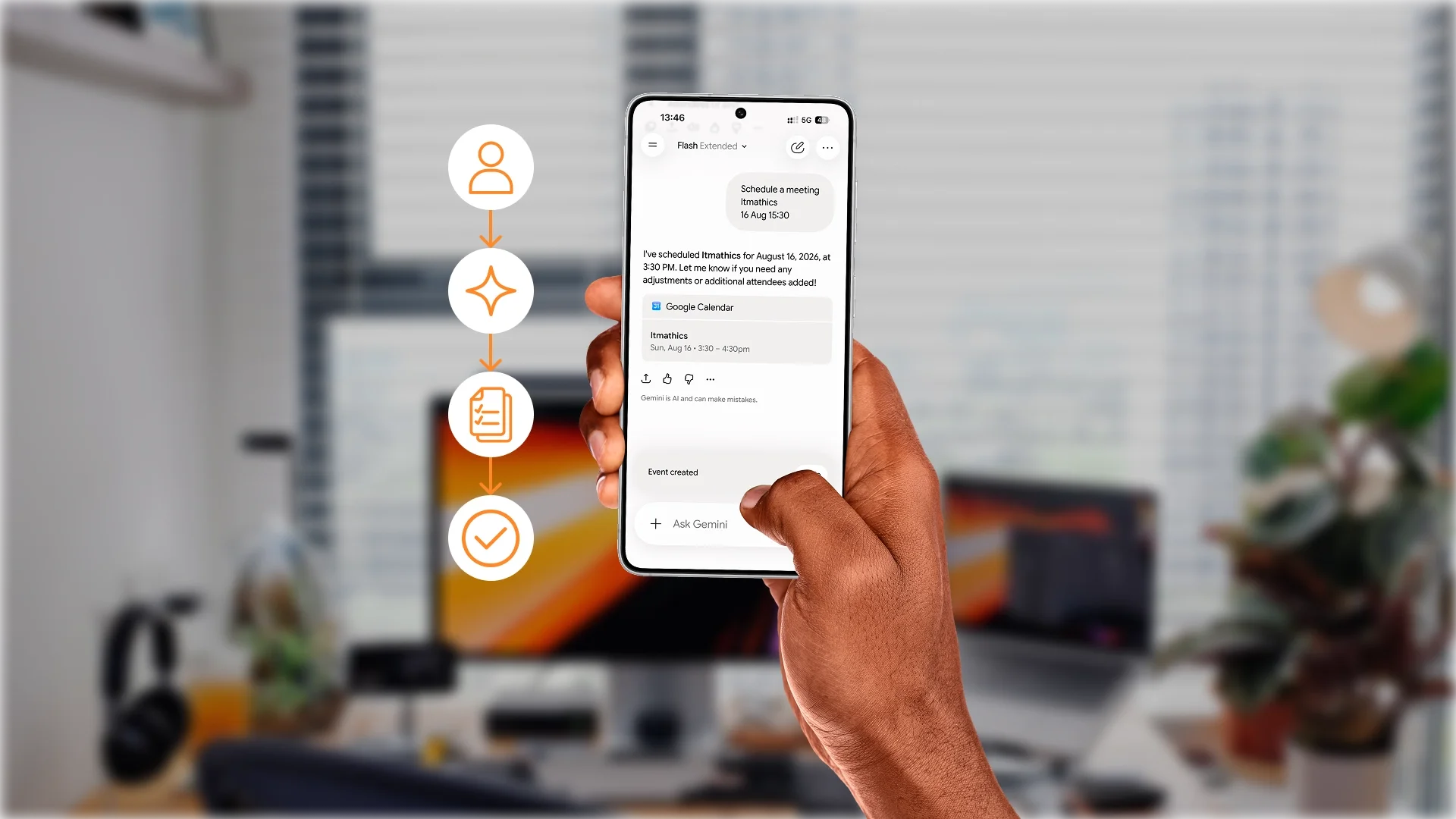 Gemini agent: Chat app UI with an AI suggestion “View calendar” button, illustrating multi-step AI scheduling