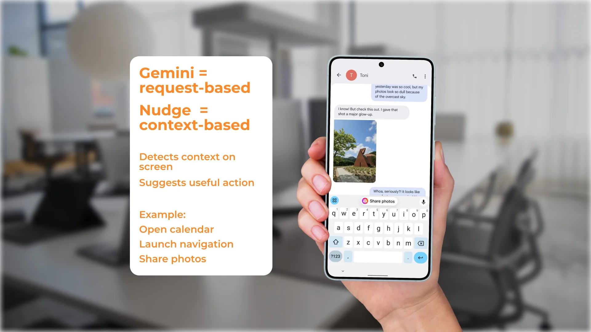 Smartphone chat with a 'Share Photos' button to quickly send images via Nudge