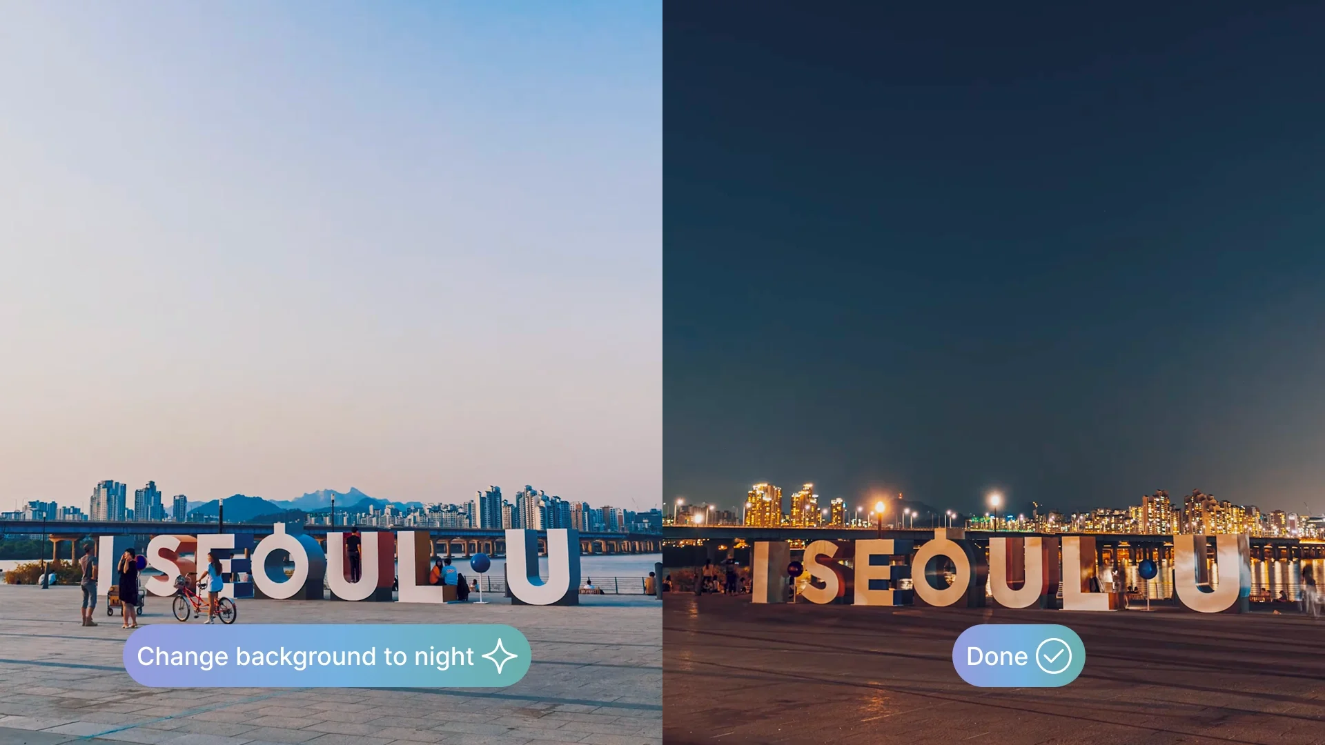An AI photo editor changes the background of a photo, replacing a daytime landscape with a nighttime cityscape