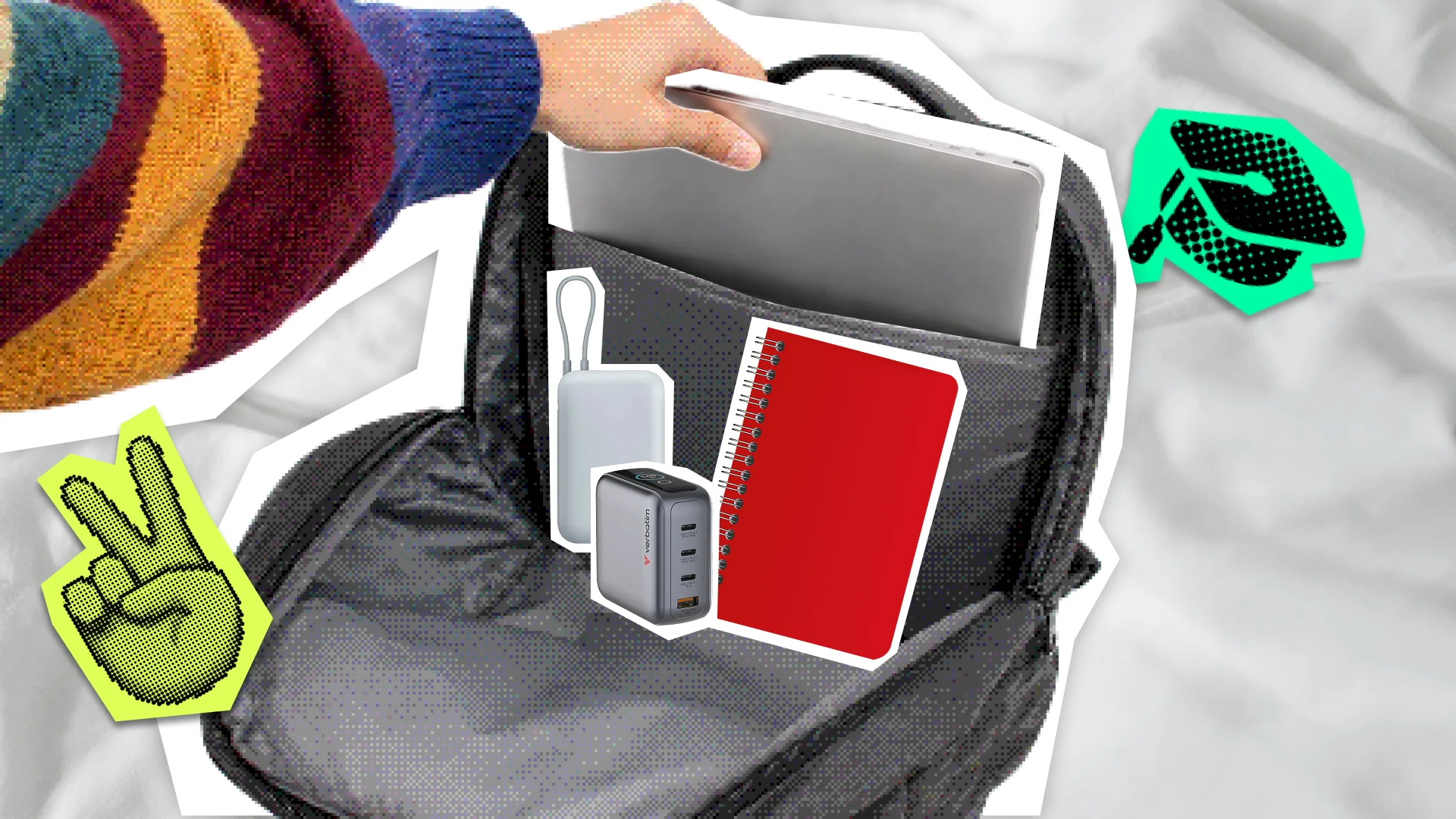 A student placing a laptop into a dedicated backpack compartment alongside a notebook and charging accessories