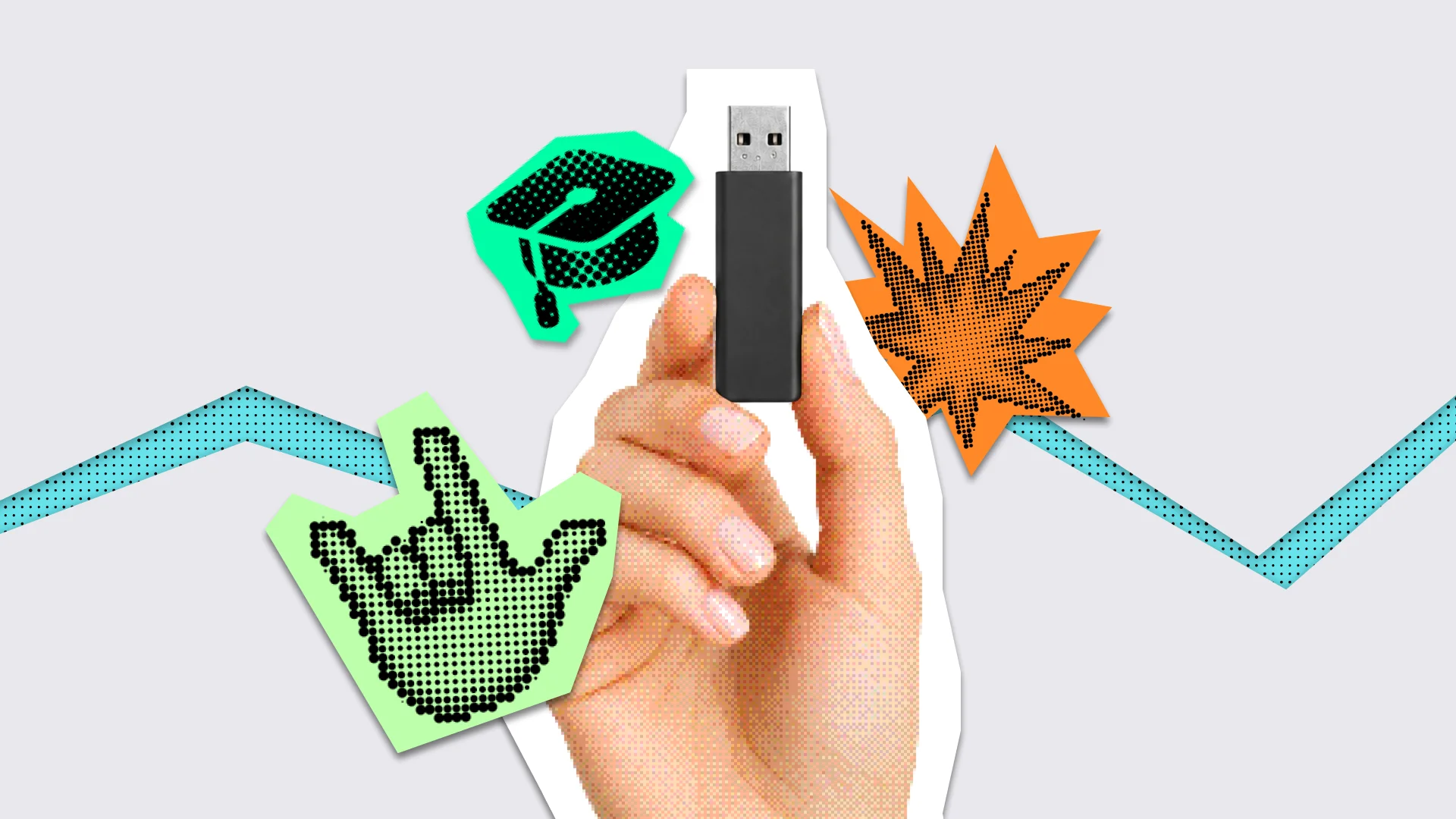 A hand holding a USB flash drive with graphic elements representing storage and transfer of study files