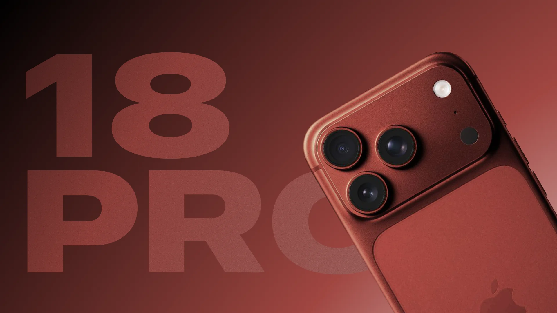 Koncept crvenog iPhone 18 Pro modela izbliza, sa tri kamere i velikim natpisom 18 Pro u pozadini