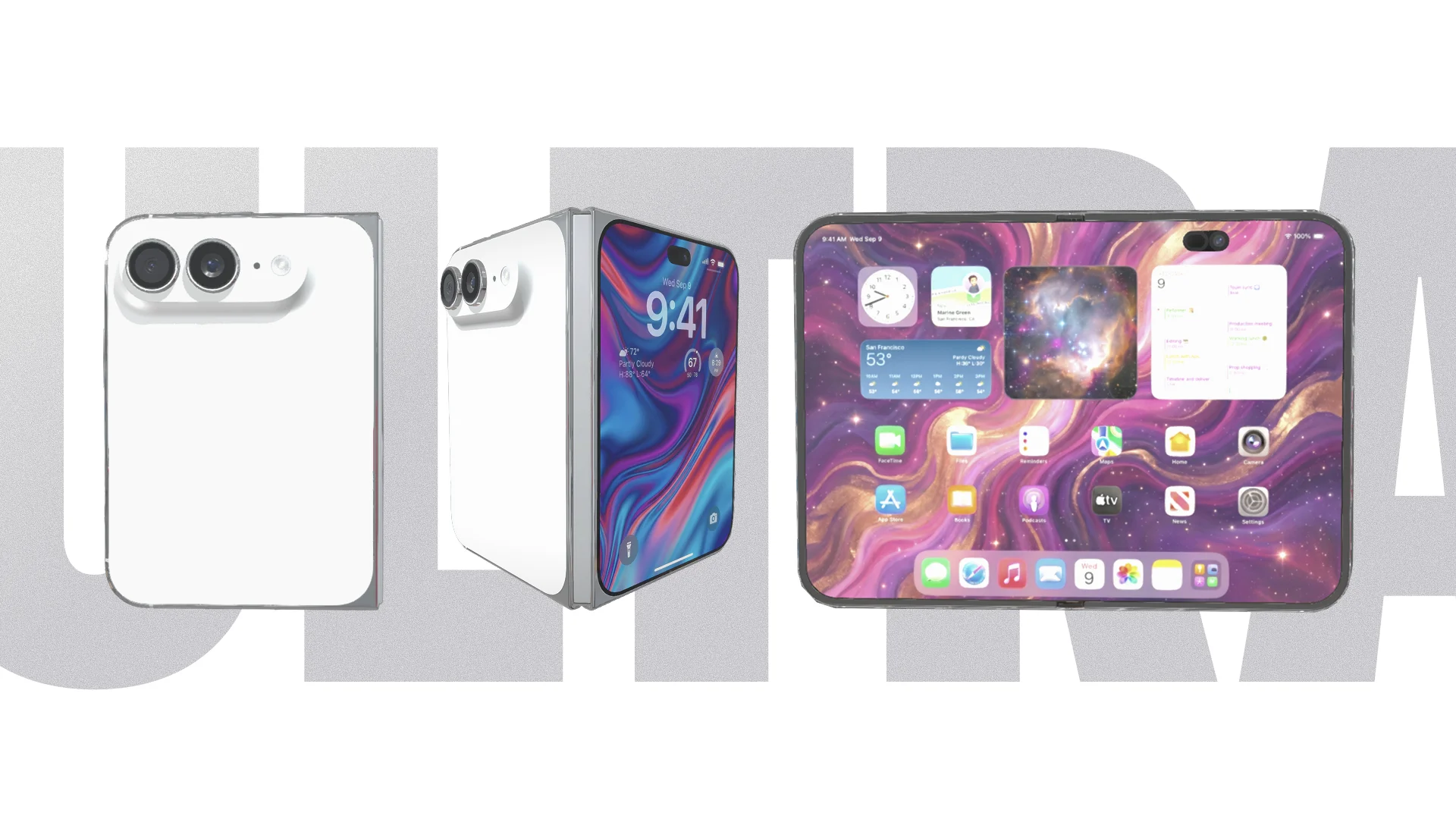 Tri prikaza koncepta sklopivog iPhone-a: zatvoren, delimično sklopljen i potpuno otvoren sa velikim ekranom