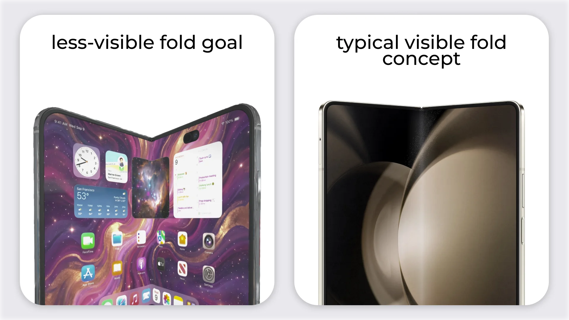 Concept comparison of three future iPhones: blue and purple Pro models alongside a white foldable iPhone