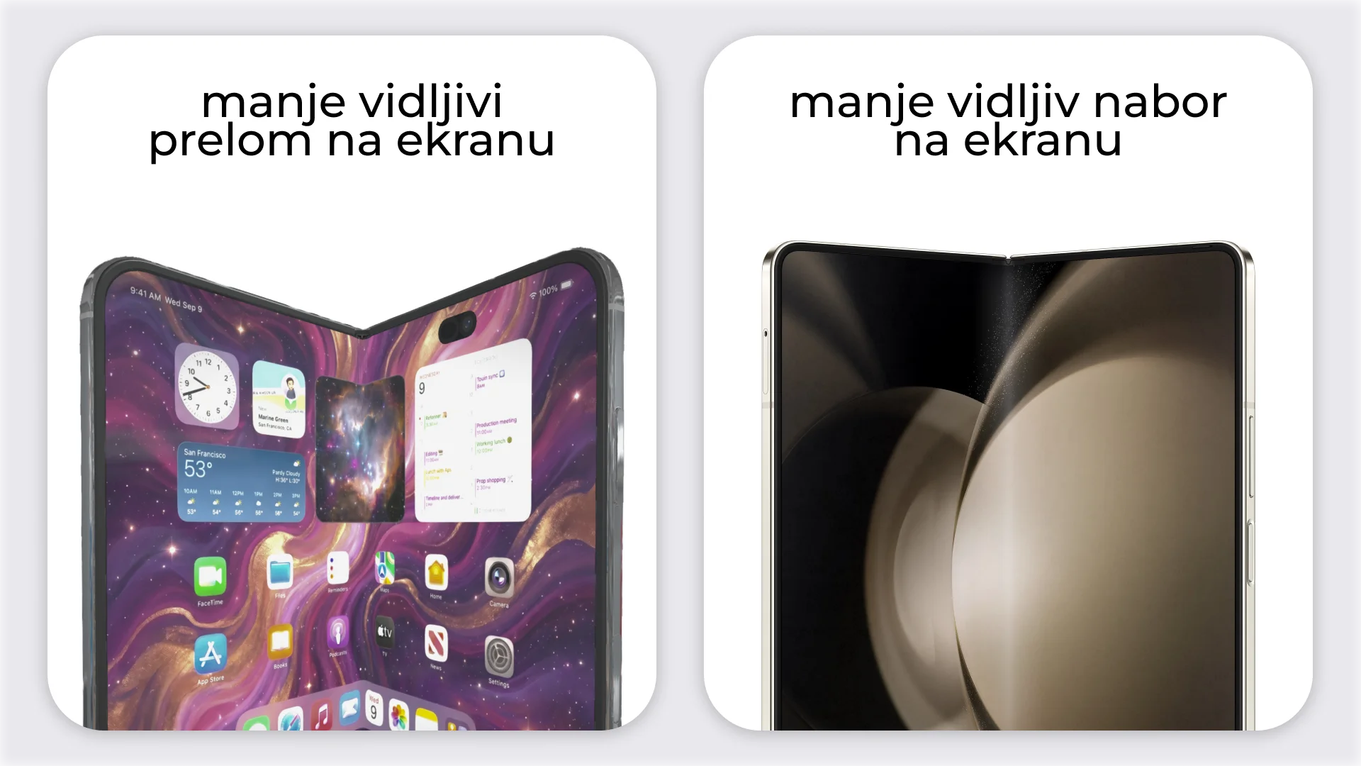 Konceptualno poređenje tri buduća iPhone modela: plavog i ljubičastog Pro modela i belog sklopivog iPhone-a