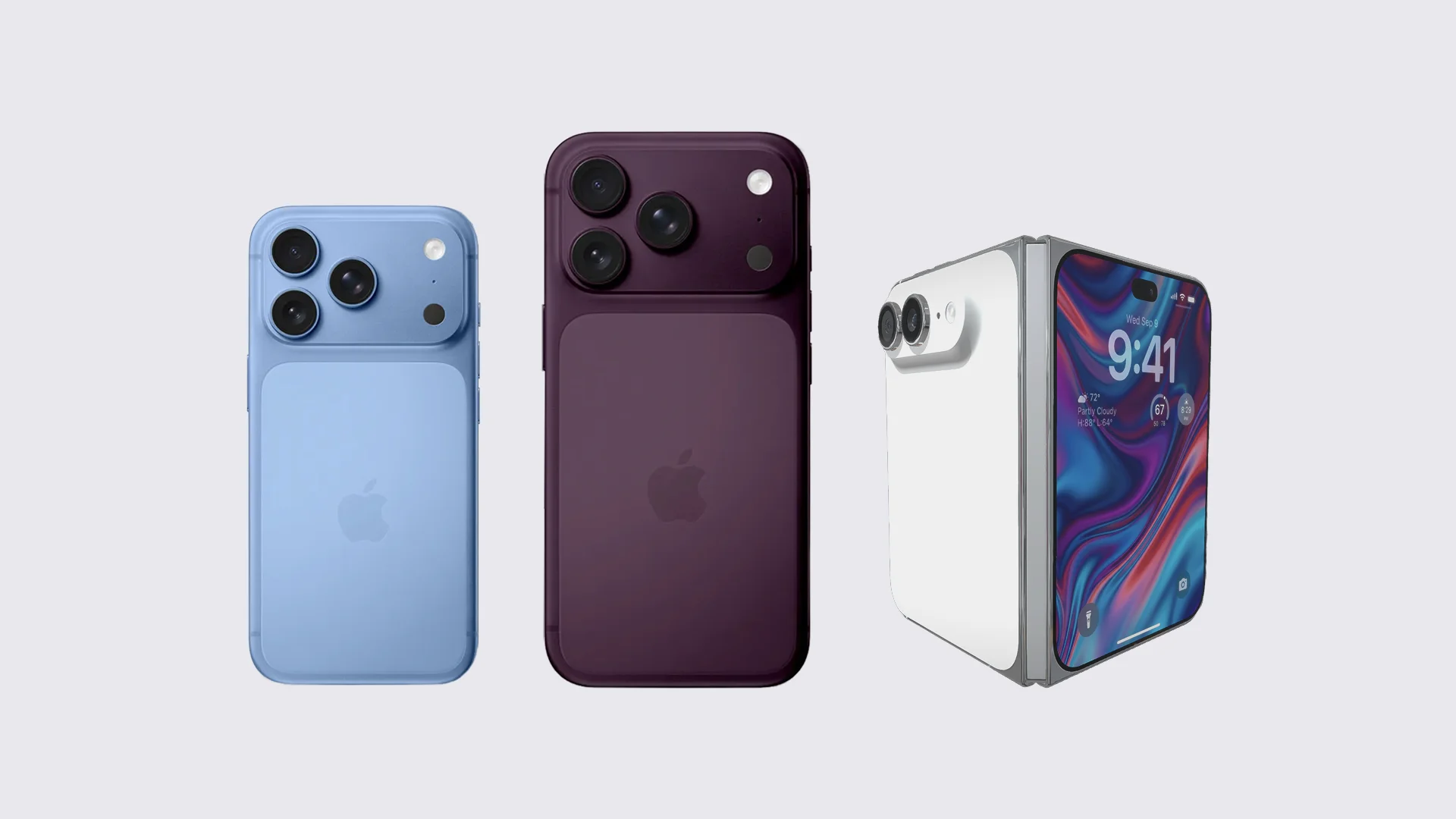 Poređenje koncepta sklopivog iPhone ekrana sa manje vidljivim pregibom i tipičnog sklopivog ekrana sa uočljivom linijom pregiba
