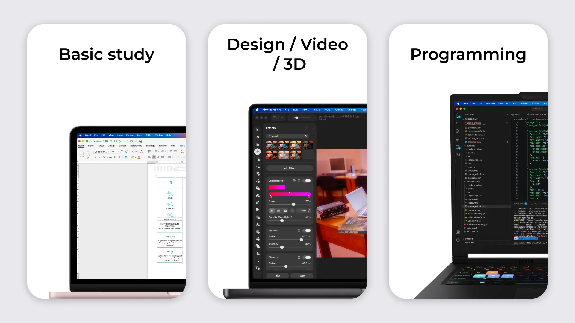 Three categories of student tasks: basic study, design and 3D, and programming