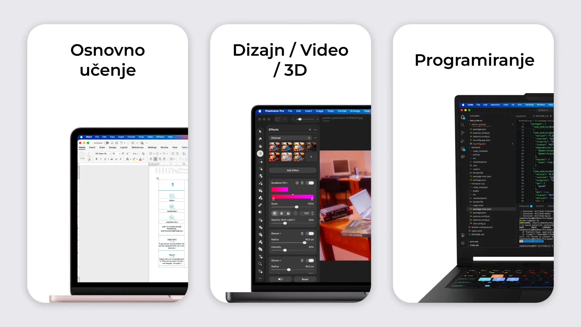 Tri kategorije studentskih zadataka: osnovno učenje, dizajn i 3D, i programiranje