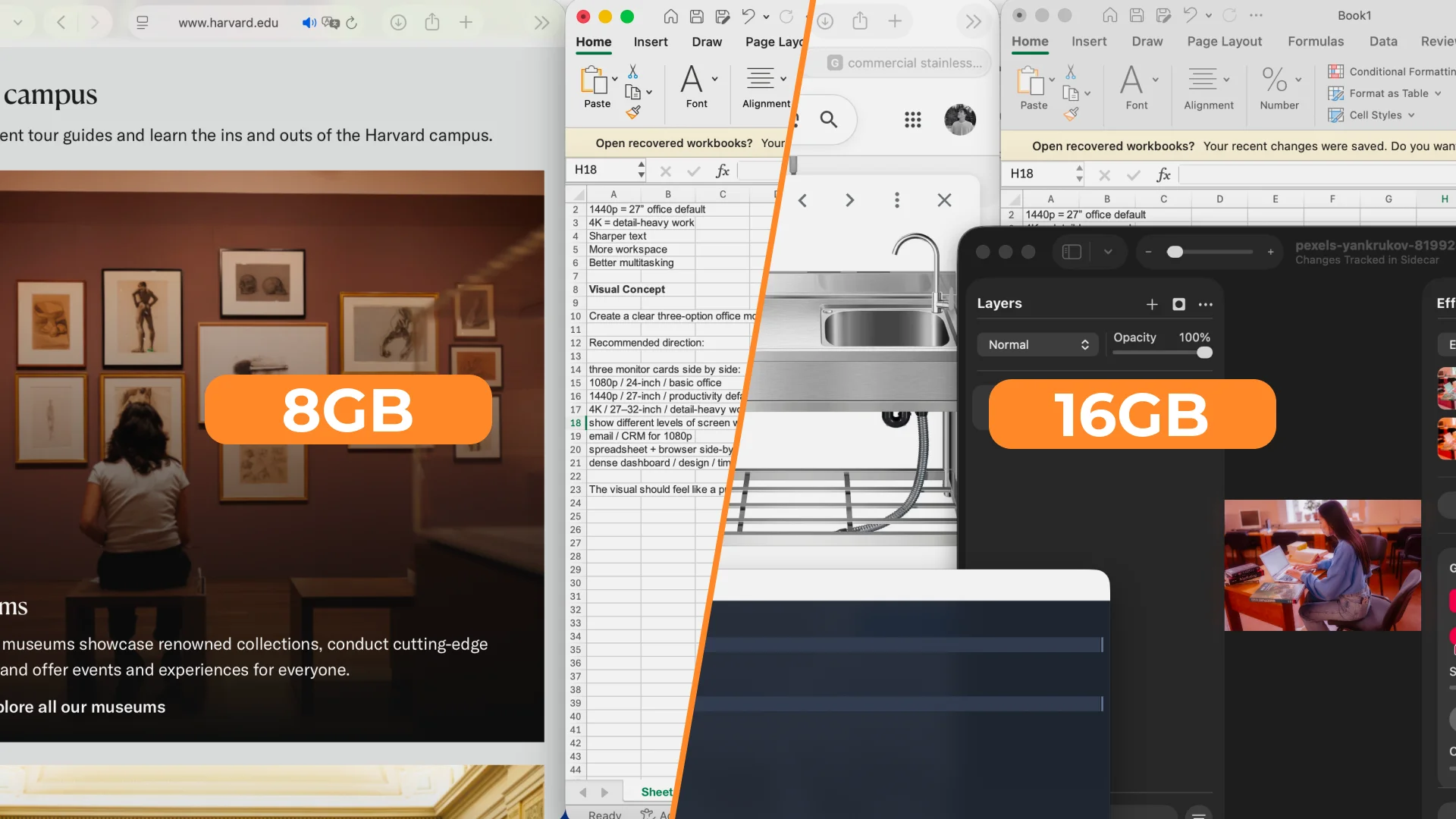 Comparison of 8 GB and 16 GB RAM using office, creative and development applications