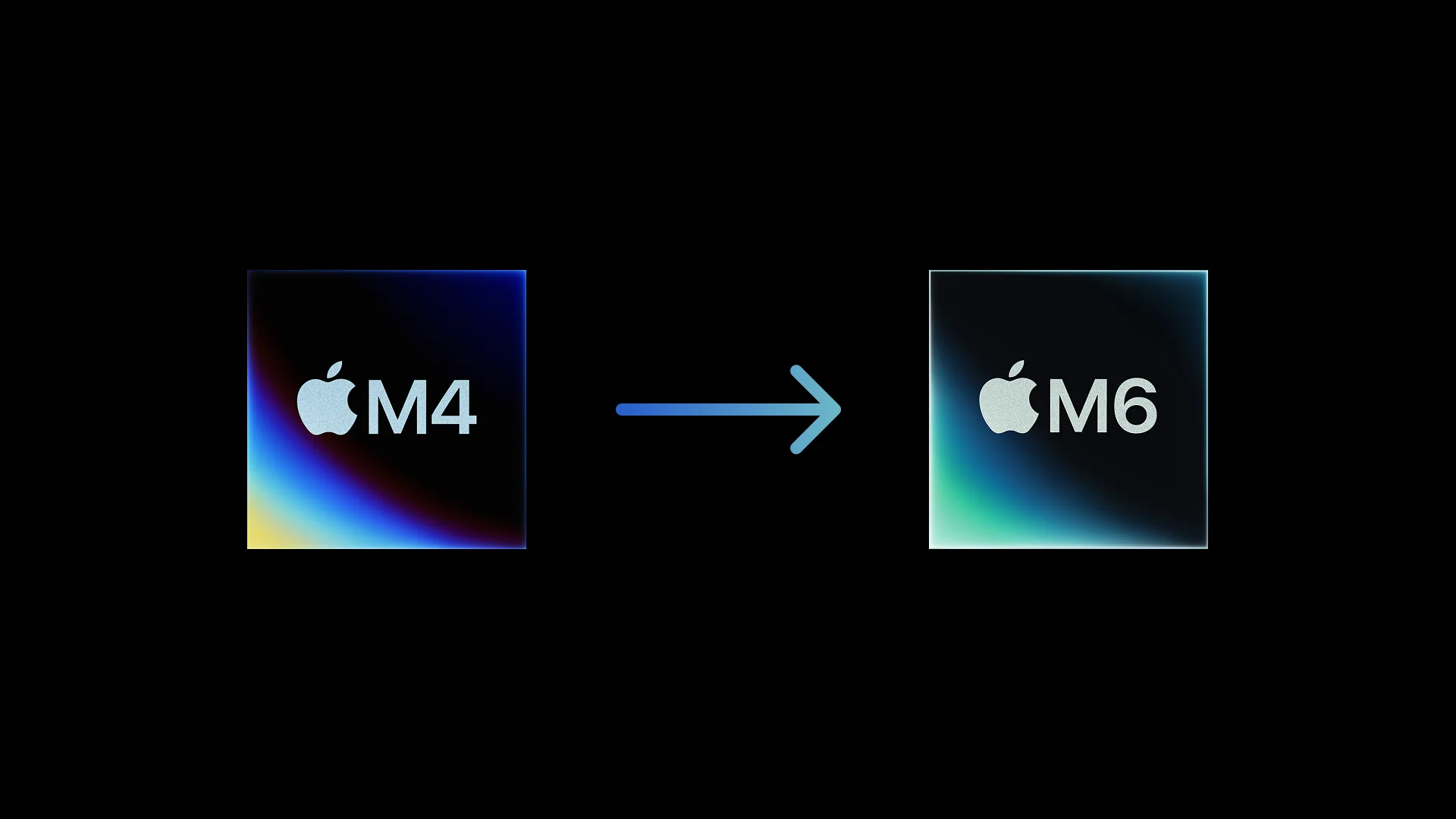 Grafički prikaz prelaska sa Apple M4 čipa na M6 čip, sa strelicom između njih
