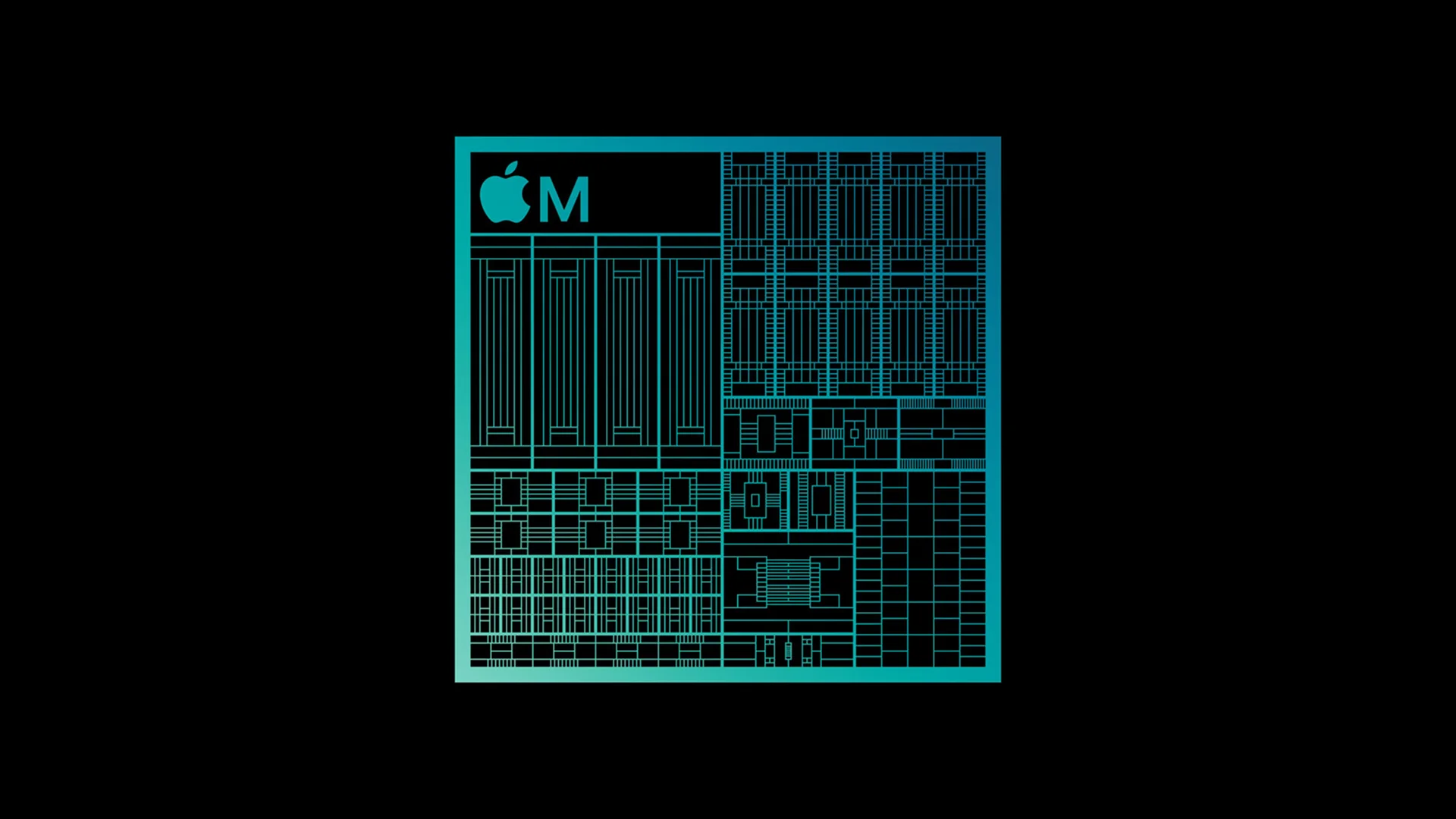 Tirkizna šematska ilustracija strukture Apple silicon čipa na crnoj pozadini