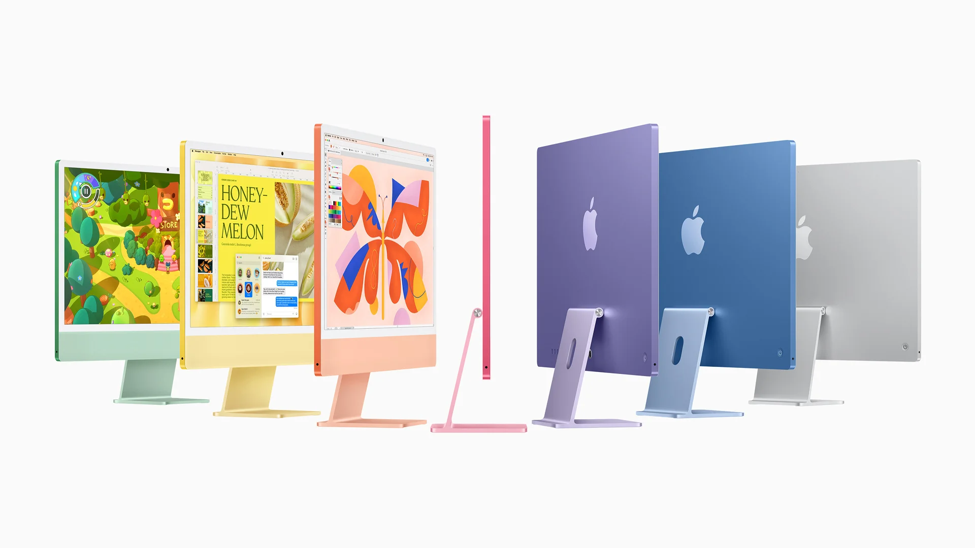 Sedam aktuelnih iMac modela sa M4 čipom u zelenoj, žutoj, narandžastoj, roze, ljubičastoj, plavoj i srebrnoj boji