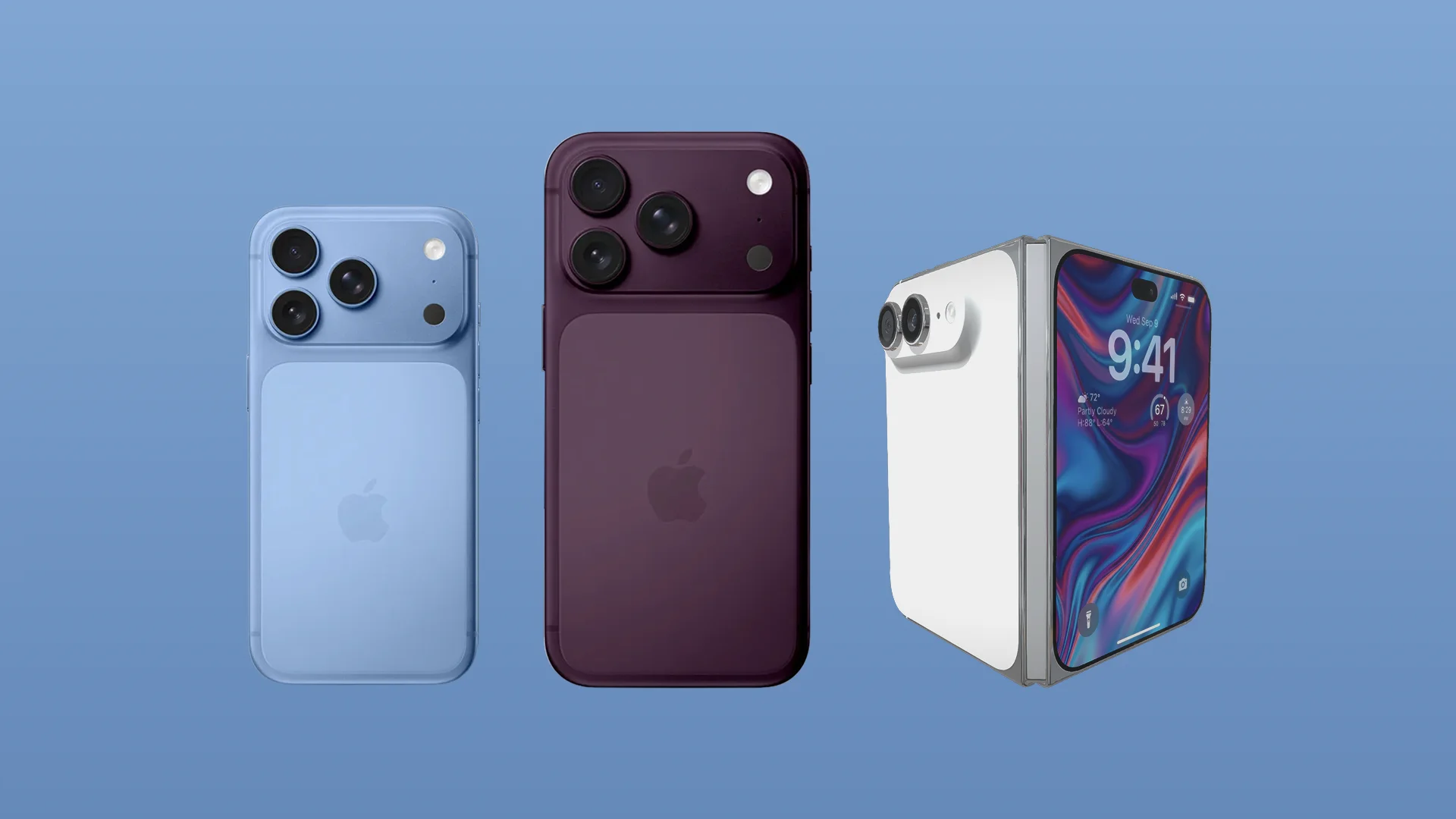 Concept renders of three expected iPhone models, including a foldable device