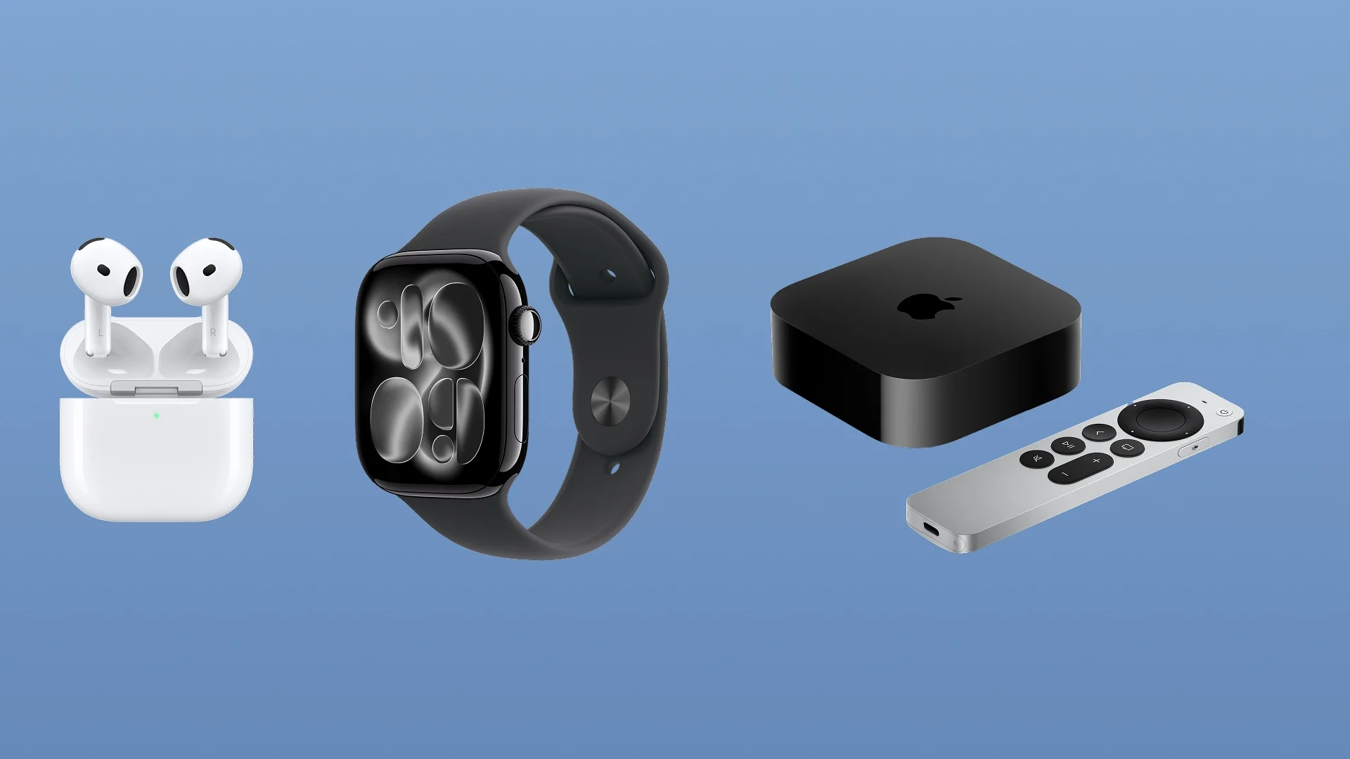 AirPods, an Apple Watch, and an Apple TV with its remote on a blue background