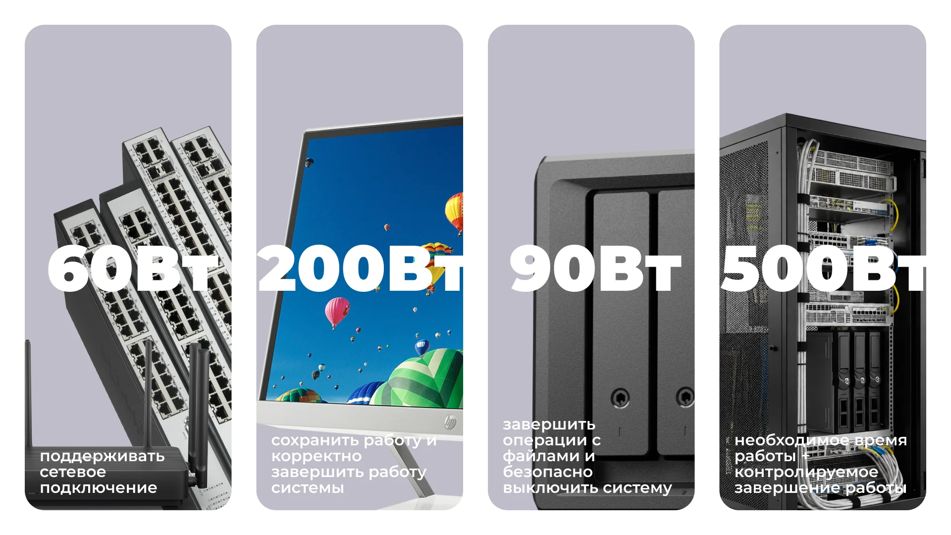 Четыре сценария использования ИБП: сеть 60 Вт — сохранить связь; компьютер 200 Вт — сохранить работу и выключить; NAS 90 Вт — завершить файловые операции; серверная стойка 500 Вт — обеспечить нужное время работы и контролируемое выключение