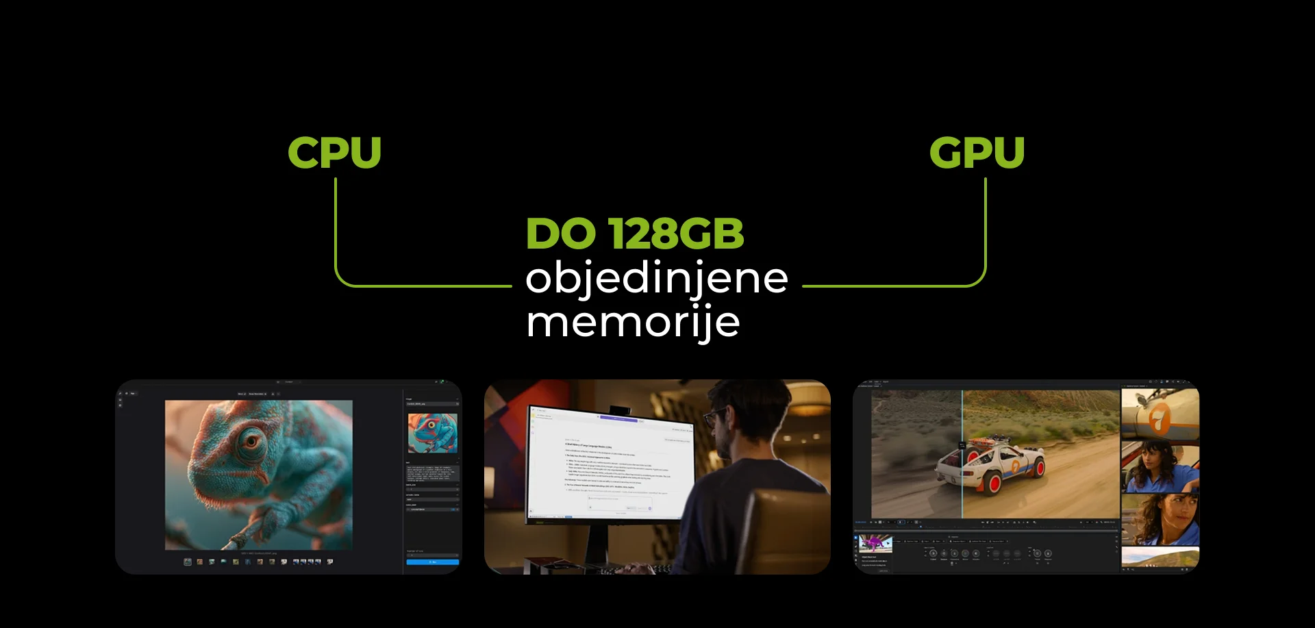 Šema zajedničke memorije za CPU i GPU kapaciteta do 128 GB, uz primere rada sa slikama, AI asistentom i videom