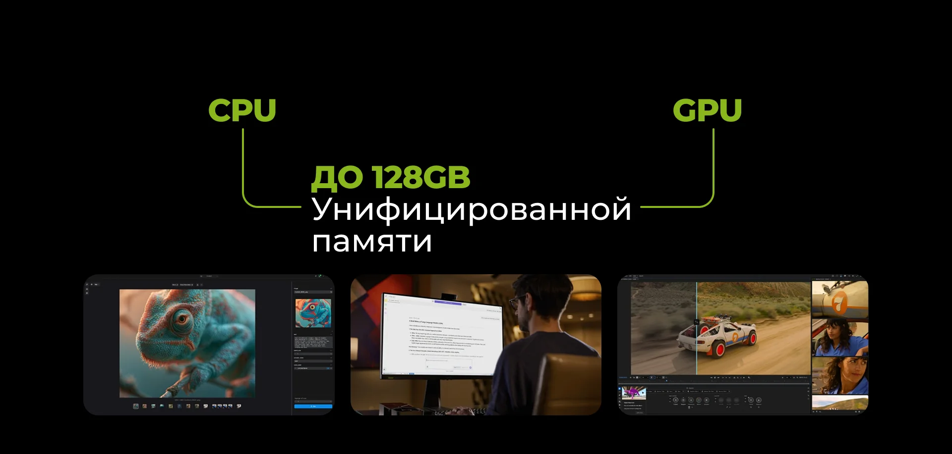 Схема общей памяти CPU и GPU объёмом до 128 ГБ с примерами работы с изображениями, AI-помощником и видео