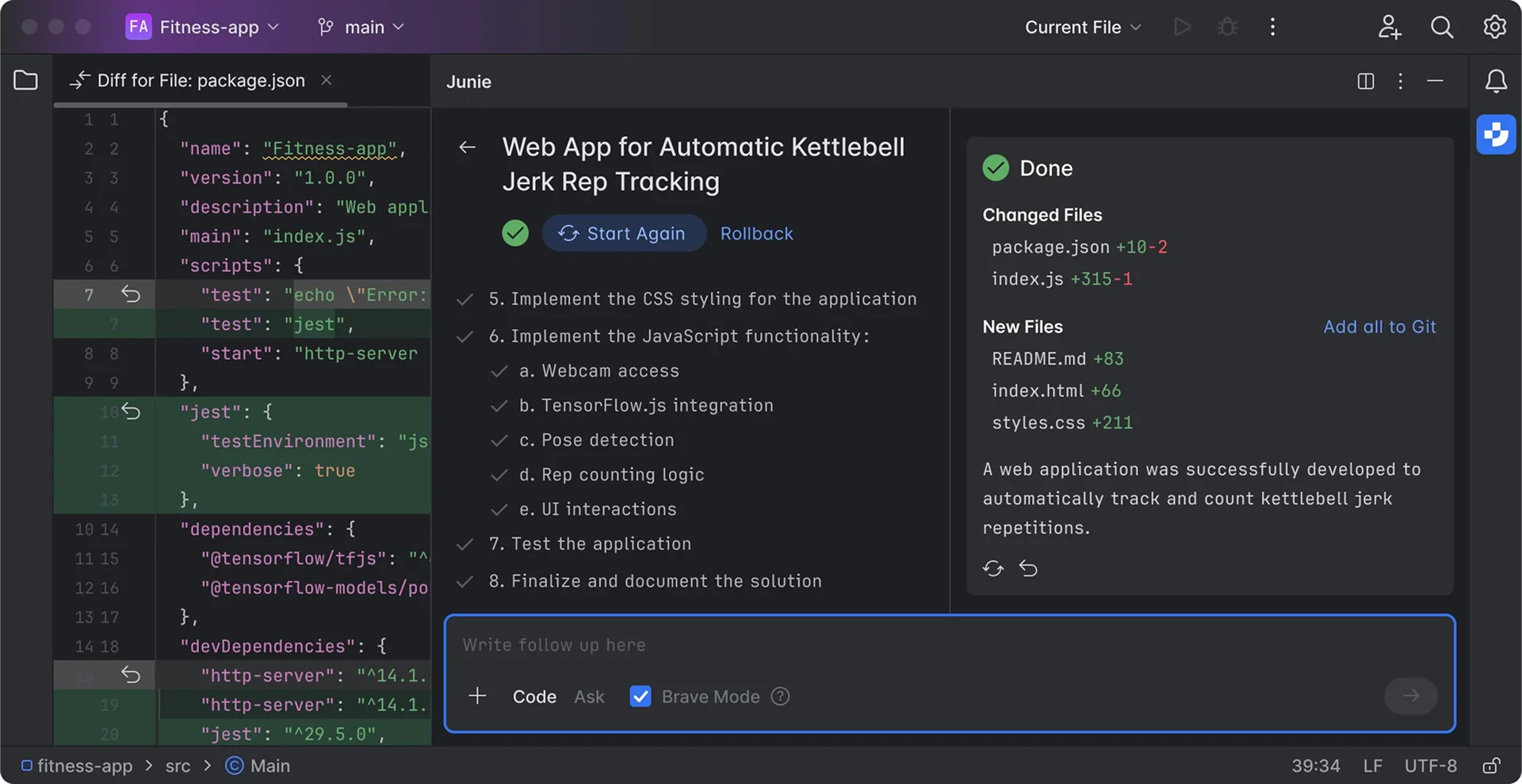 Junie AI assistant in a development environment showing completed tasks, code changes, and new files for a kettlebell exercise rep-counting app