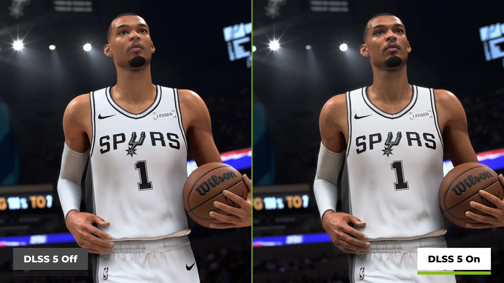 Basketball game scene with DLSS 5 off on the left and on on the right, showing differences in skin lighting and jersey fabric appearance