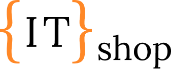Лого са речју IT исписаном великим црним словима у наранџастим витичастим заградама, поред речи продавница исписане мањим црним словима на светлој позадини.