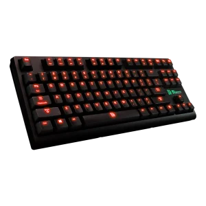 Црна механичка тастатура са црвеним позадинским осветљењем тастера и компактним распоредом. Неки тастери и лого на десној страни су осветљени, док је тастатура приказана под углом на црној позадини.