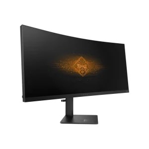 Закривљени ултрашироки компјутерски монитор који приказује наранџасти симбол на црном екрану, постављен на правоугаоно постоље са чврстом основом.