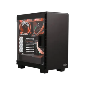 Црни десктоп рачунар са провидном бочном плочом која открива наранџасто осветљене унутрашње компоненте, укључујући вентилаторе и каблове. AVA лого се налази на доњем предњем углу кућишта.
