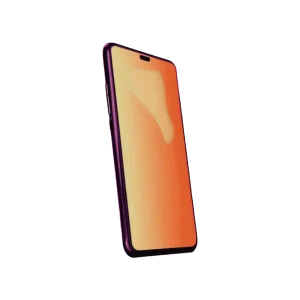Модерни паметни телефон са љубичастим оквиром и наранџасто-жутим рефлектујућим екраном, приказан усправно под благим углом на белој позадини.