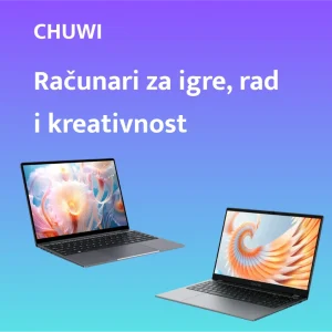 Два лаптопа марке CHUWI са шареним апстрактним екранима изложена су на плаво-љубичастој градијентној позадини. Текст на српском језику гласи: CHUWI: Рачунари за игре, рад и креативност.
