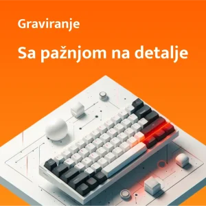 Футуристичка тастатура се налази на геометријској, белој платформи са апстрактним облицима, на наранџастој позадини. Текст на српском језику гласи: Гравирање са пажњом на детаље.