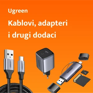 Разноврсни Ugreen електронски додаци, укључујући каблове, зидни пуњач, USB адаптер и меморијске картице, приказани су на наранџастој позадини са текстом Каблови, адаптери и други додаци.