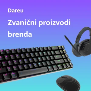 Градијентна плаво-љубичаста позадина са механичком тастатуром, бежичним мишем и слушалицама за играње. Бели текст на српском гласи: Дареу Званични производи бренда (Званични производи бренда Дареу).